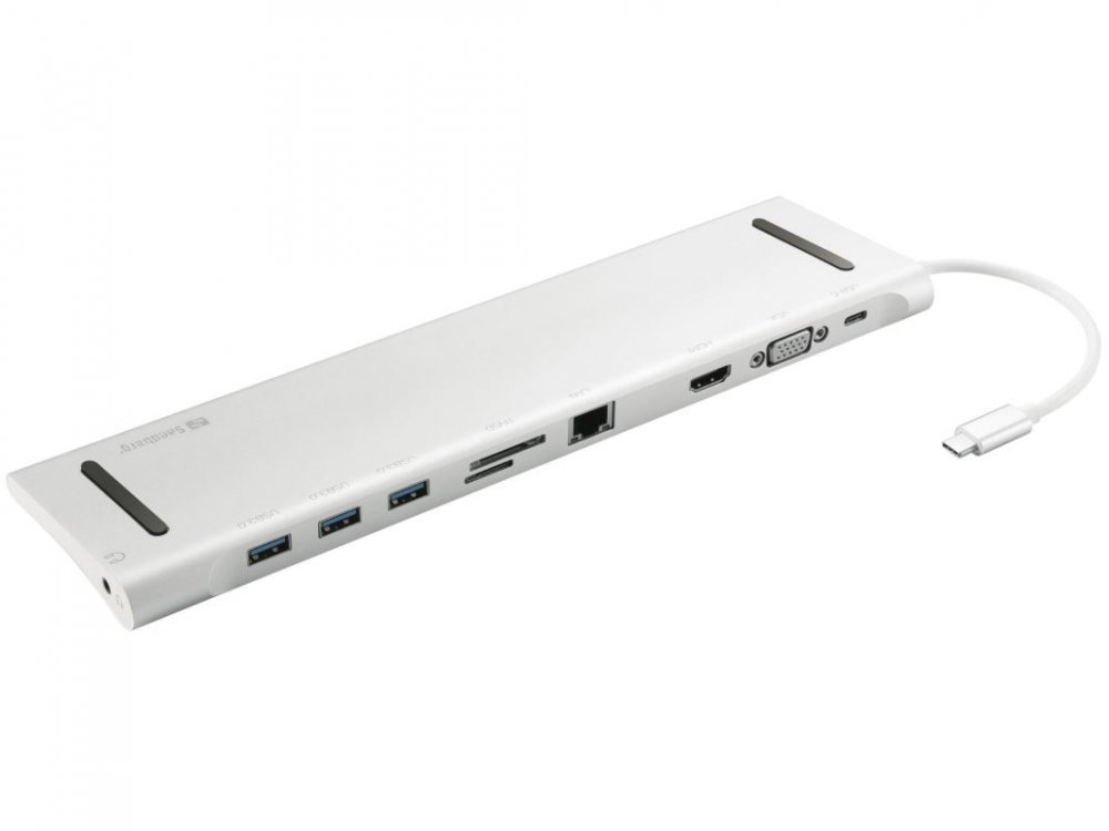 Sandberg USB-C 10v1 dokovací stanice, HDMI+3xUSB+RJ45+VGA+TF/SD+jack+USB-C(100W), stříbrný