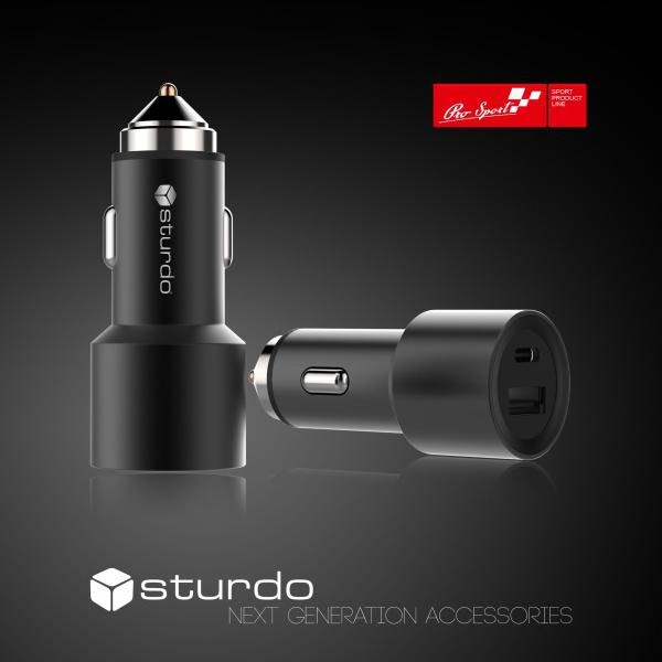 STURDO NAU-0018-STU-ALUMI AUTONABIJACKA USB TYPE C, 2,4A+USB 2.1A QC, CIERNA