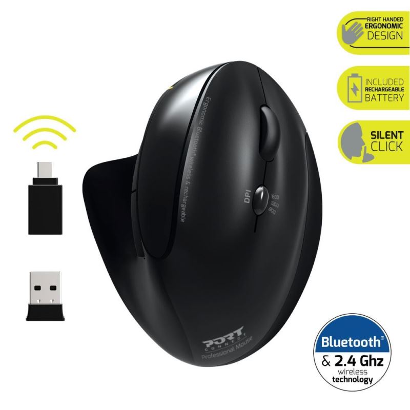 PORT CONNECT ERGONOMIC RECHARGEABL, bezdrátová ergonomická myš, 2,4 Ghz a Bluetooth®, USB-A/C, černá