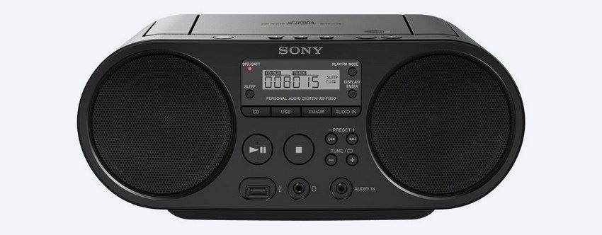 Sony ZS-PS50, přenosný stereo přehrávač Boombox s tunerem AM/FM, černý