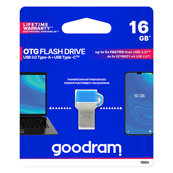 Goodram USB flash disk OTG, USB 3.0, 16GB, ODD3, modrý, ODD3-0160B0R11, USB A / USB C, s krytkou