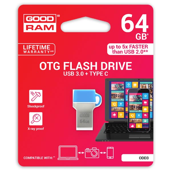 Goodram USB flash disk OTG, USB 3.0, 64GB, ODD3, modrý, ODD3-0640B0R11, USB A / USB C, s krytkou