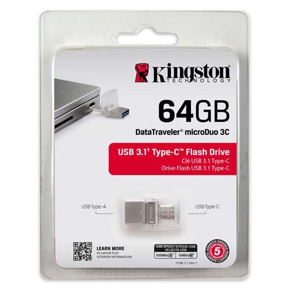 Kingston USB flash disk OTG, USB 3.0, 64GB, DataTraveler microDuo 3C, strieborný, DTDUO3C/64GB, USB A / USB C, s krytkou