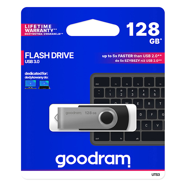 Goodram USB flash disk, USB 3.0, 128GB, UTS3, čierny, UTS3-1280K0R11, USB A, s otočnou krytkou