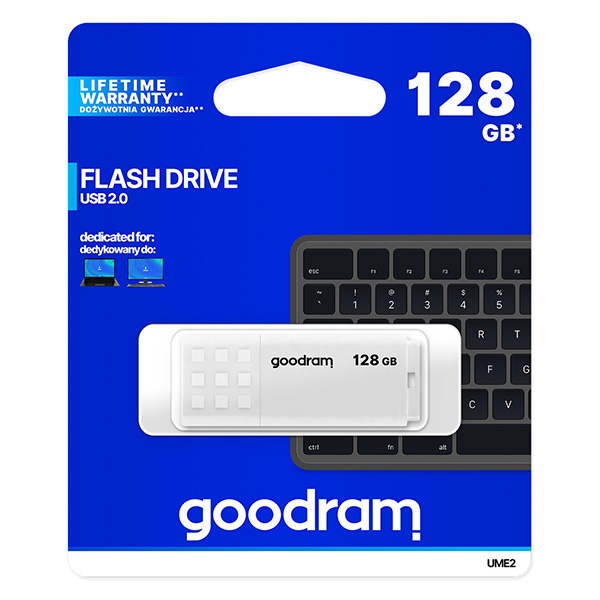 Goodram USB flash disk, USB 2.0, 128GB, UME2, biely, UME2-1280W0R11, USB A, s krytkou