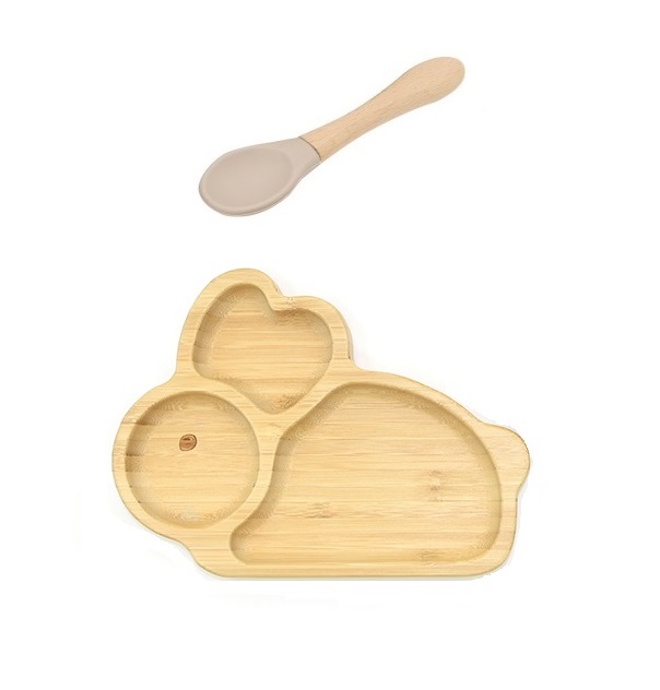 Martons Bambusový tanier s prísavkou a lyžičkou pre bábätká – Zajačik, 22×17 cm, béžová
