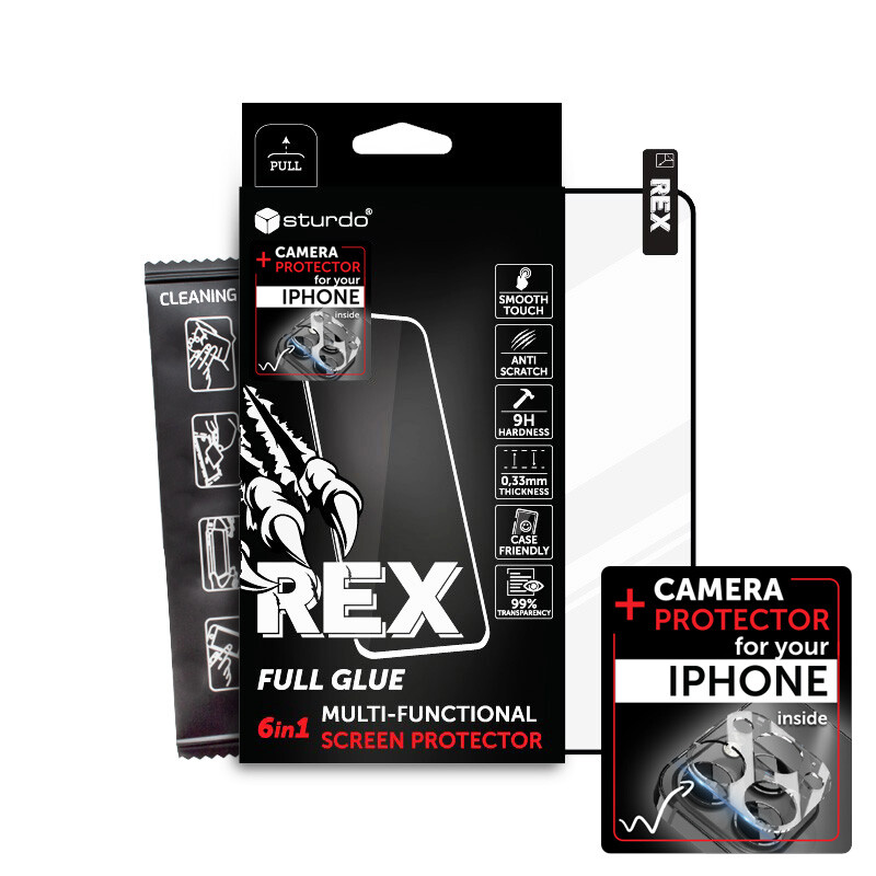 Sturdo REX ochranné sklo + sklo na fotoaparát iPhone 15 Plus, čierne (6in1 Full Glue)