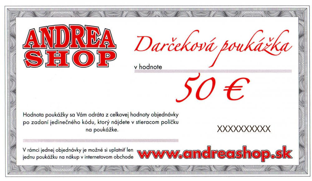 NOVA ESHOP Poukázka ANDREASHOP (platnost 6 měsíců) 50,- Euro