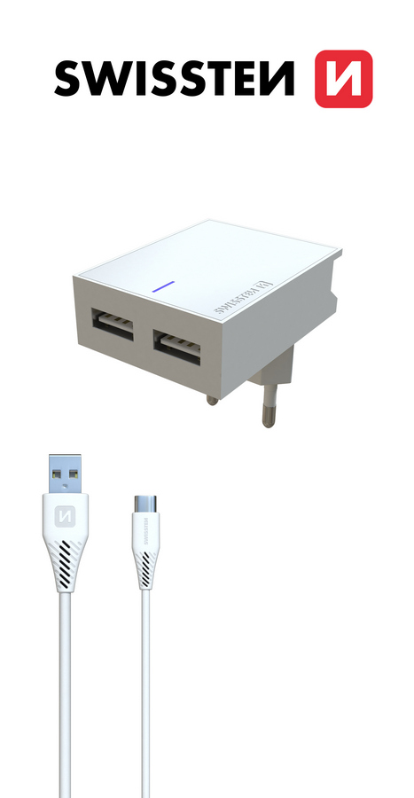 SWISSTEN SIETOVY ADAPTER SMART IC 2X USB 3A POWER + DATOVY KABEL USB/MICRO USB 1,2 M BIELY