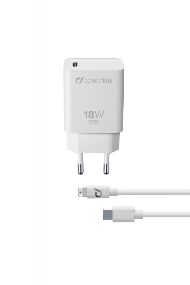 Set nabíječky Cellularline s USB-C konektorem a Lightning kabelu, Power Delivery (PD), 18 W, MFI certifikace, bílý