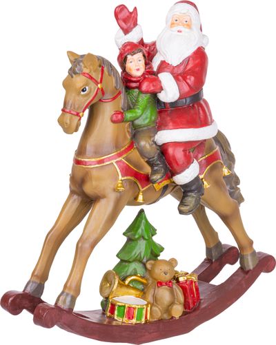 Dekorácia MagicHome Vianoce, Santa s chlapčekom na koni, polyresin, 28x10x30 cm
