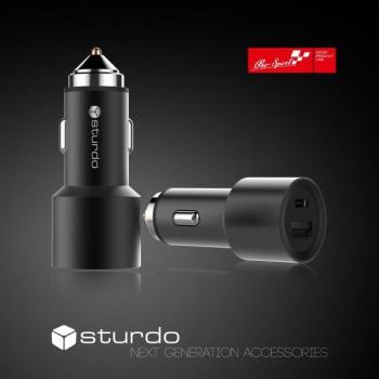 STURDO NAU-0018-STU-ALUMI AUTONABIJACKA USB TYPE C, 2,4A+USB 2.1A QC, CIERNA
