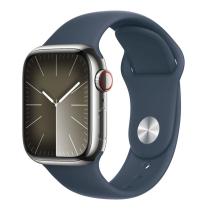 APPLE WATCH SERIES 9 GPS + CELLULAR 45MM SILVER STAINLESS STEEL CASE STORM BLUE SPORTB-M/L,MRMP3QC/A vystavený kus