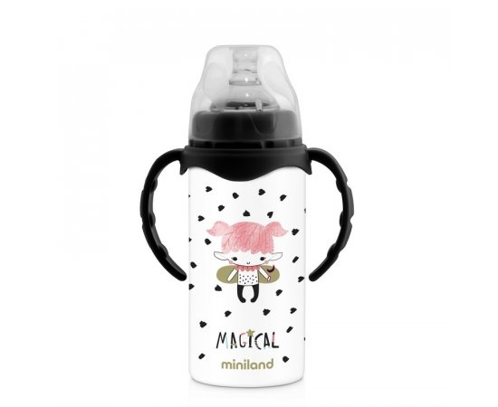Miniland Nerezová termoska s cumlíkom Magical, 240ml, čierno biela