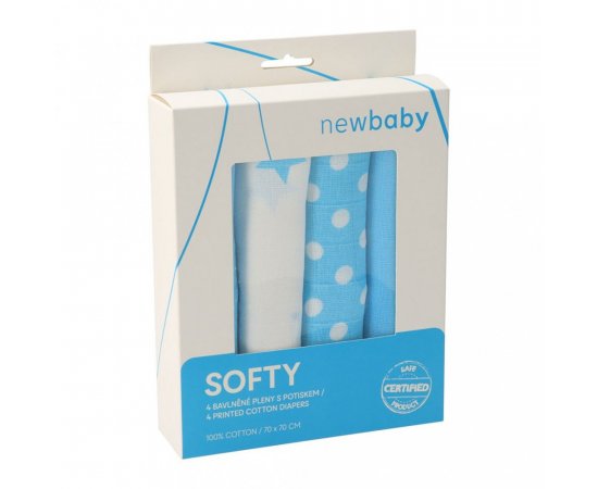 Látkové bavlnené plienky New Baby Softy s potiskom 70 x 70 cm 4 ks tyrkysovo-biele
