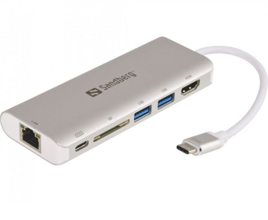 Sandberg USB-C dokovací stanice, HDMI+SD+USB+RJ45+USB-C(100W), stříbrný