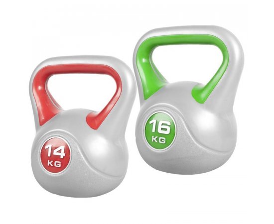 Gorilla Sports cementový poplastovaný kettle-bells set 30 kg (14 kg a 16 kg)