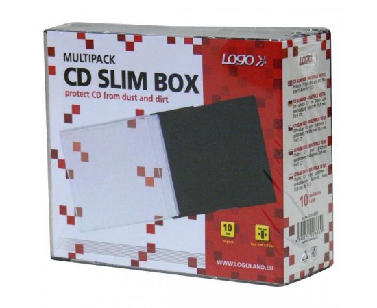 Box na 1 ks CD, priehľadný, čierny tray, tenký, Logo, 5,2mm, 10-pack