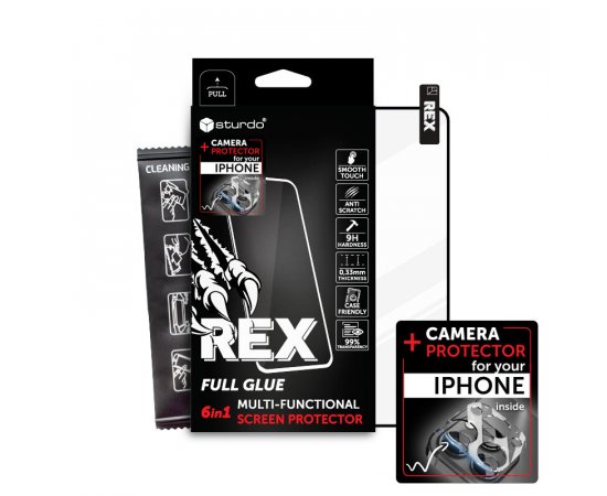 Sturdo REX ochranné sklo + sklo na fotoaparát iPhone 15 Pro Max, čierne (6in1 Full Glue)