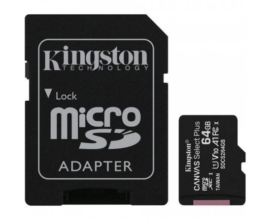 KINGSTON 64GB MICROSDXC CANVAS SELECT PLUS A1 CL10 100MB/S + ADAPTER, SDCS2/64GB