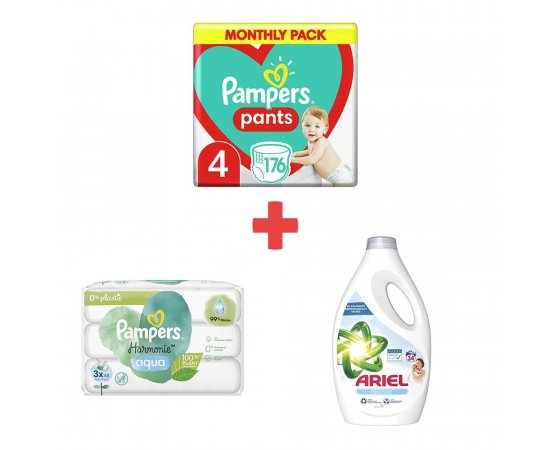 PAMPERS PANTS S4 176KS, 9-15KG + WIPES 144KS (3X48) HARMONIE AQUA + ARIEL 34PD 1.7L SENSITIVE SKIN