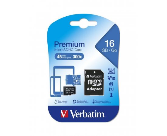 VERBATIM MICROSDHC PREMIUM 16 GB CLASS 10 UHS-I + SD ADAPTER, 44082