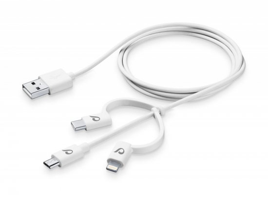 USB kabel CellularLine se třemi adaptéry Lightning + Micro USB + USB-C, bílý 