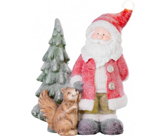 Dekorácia MagicHome Vianoce, Santa s veveričkou a stromčekom, 1 LED, 2xAAA, keramika, 35,50x20x46 cm