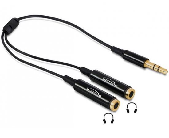 Delock adaptér stereo jack 3,5 mm samec,3 pin &gt; 2 x stereo jack 3,5 mm samice, 25cm,černý