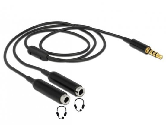 Delock adaptér stereo jack 3,5 mm samec,4 pin &gt; 2 x stereo jack 3,5 mm samice,4 pin,25cm,černý