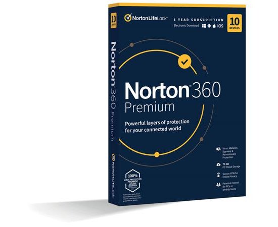 NORTON 360 PREMIUM 75GB +VPN 1 uživatel pro 10 zařízení na 1rok                            