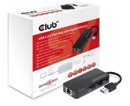 Club 3D USB 3.0 3-Port Hub with Gigabit Ethernet