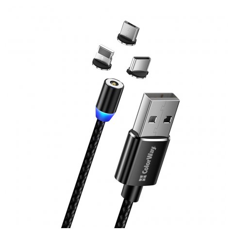 COLORWAY KABEL UNIVERZALNY 3V1 (LIGHTNING+MICROUSB+TYPE-C) MAGN., 2.4A 1M, CIERNY (CW-CBUU020-BK)