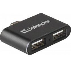 DEFENDER USB (2.0) HUB 2-PORT, QUADRO DUAL, CIERNO-SIVA, USB C M NA 2X USB A F