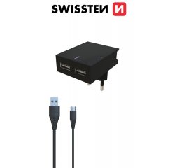 SWISSTEN SIETOVY ADAPTER SMART IC 2X USB 3A POWER+ DATOVY KABEL USB/USB-C 1,2 M CIERNY