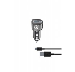 Nabíjecí set USB autonabíječky a USB-C kabelu Cellularline, Qualcomm® Quick Charge™ 3.0, 18W, černý
