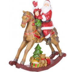 Dekorácia MagicHome Vianoce, Santa s chlapčekom na koni, polyresin, 28x10x30 cm